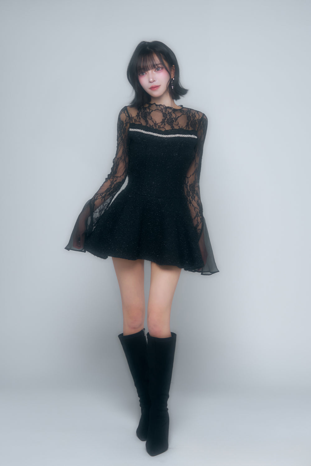 ツイードレースフレアミニワンピース