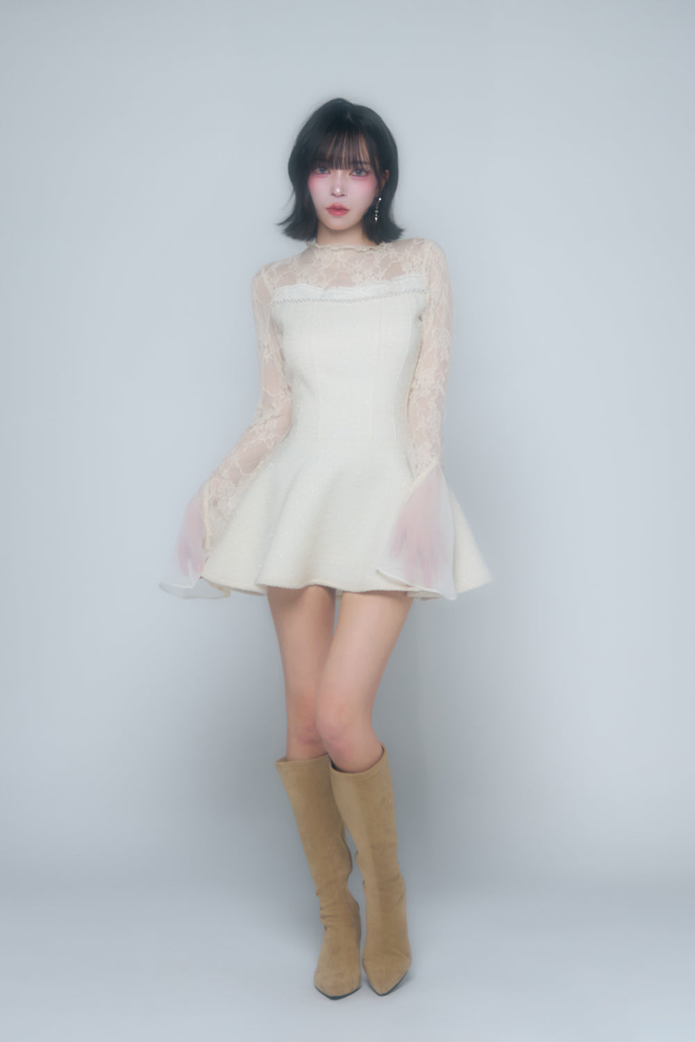 ツイードレースフレアミニワンピース