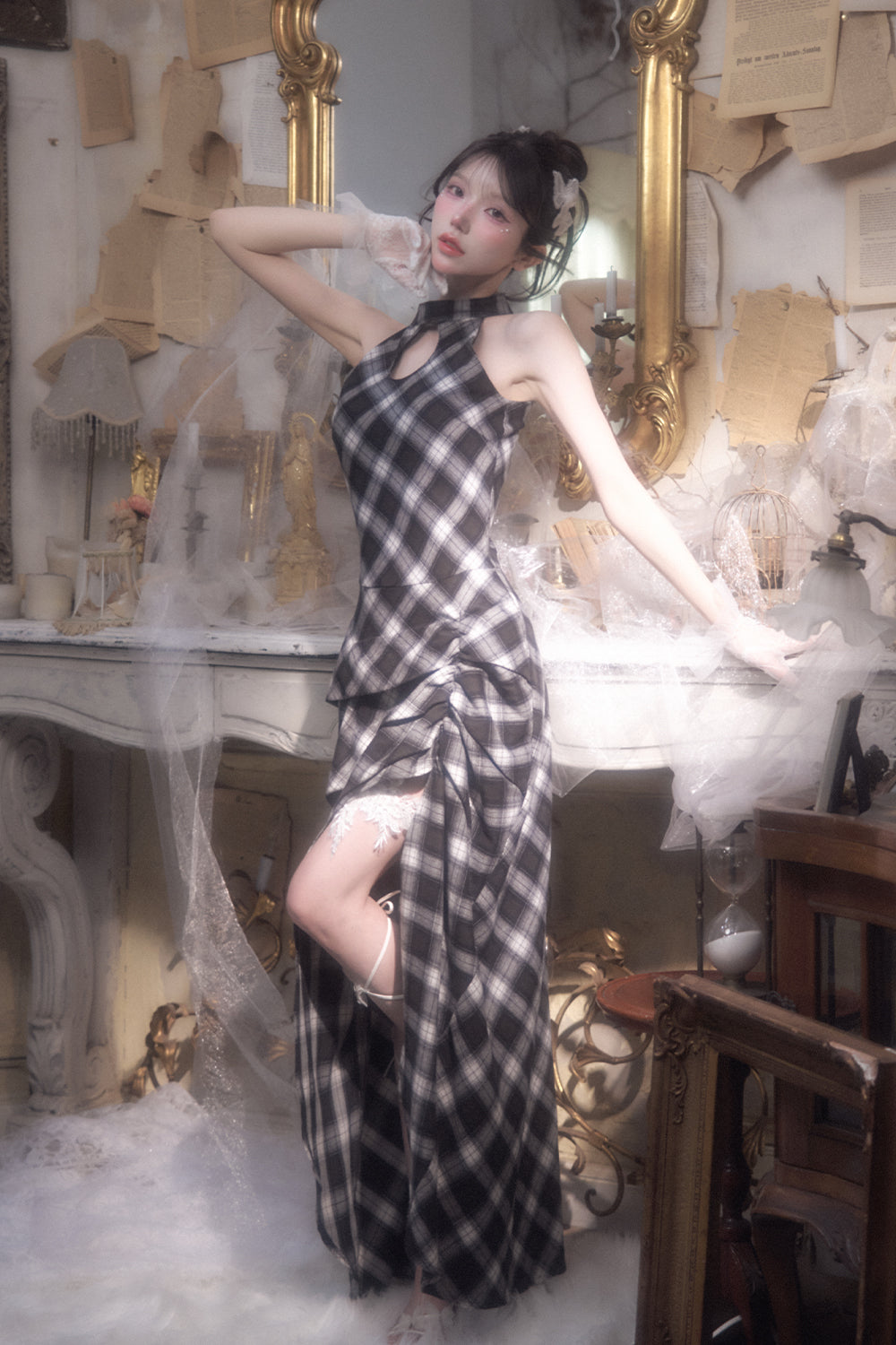 チェックデザインロングワンピース