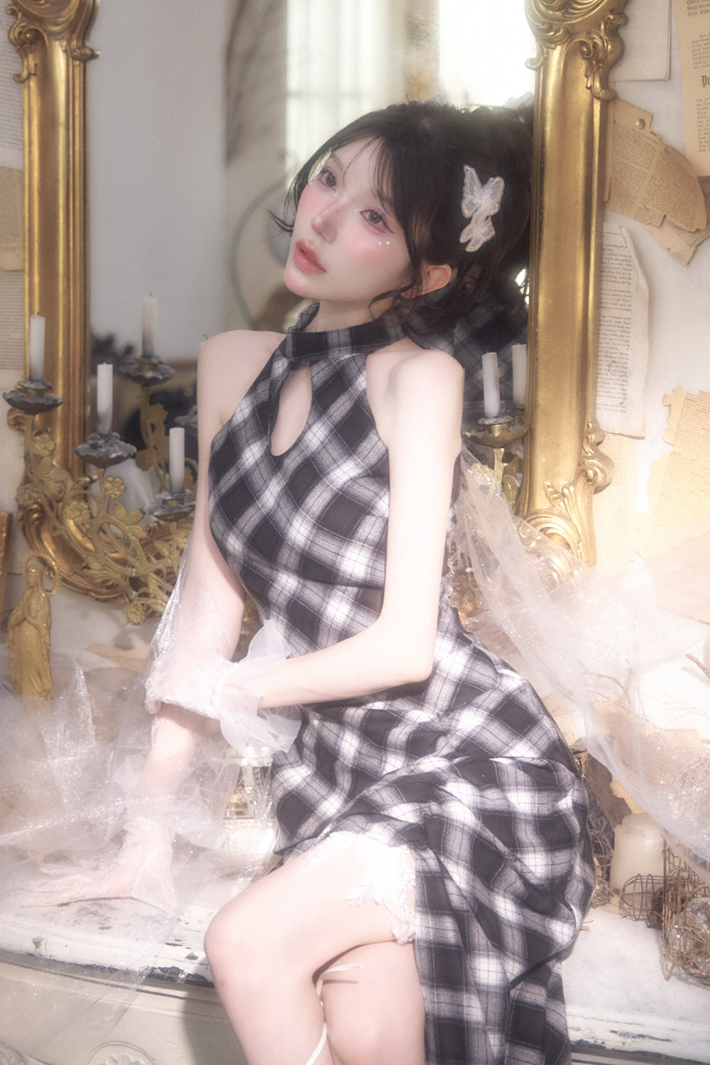 チェックデザインロングワンピース