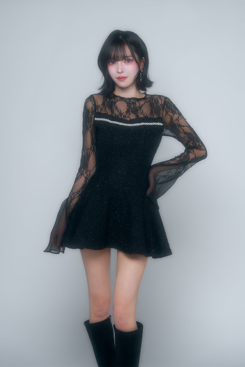 ツイードレースフレアミニワンピース