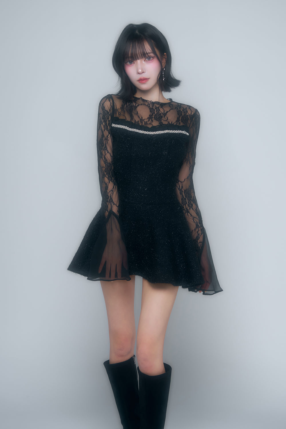 ツイードレースフレアミニワンピース