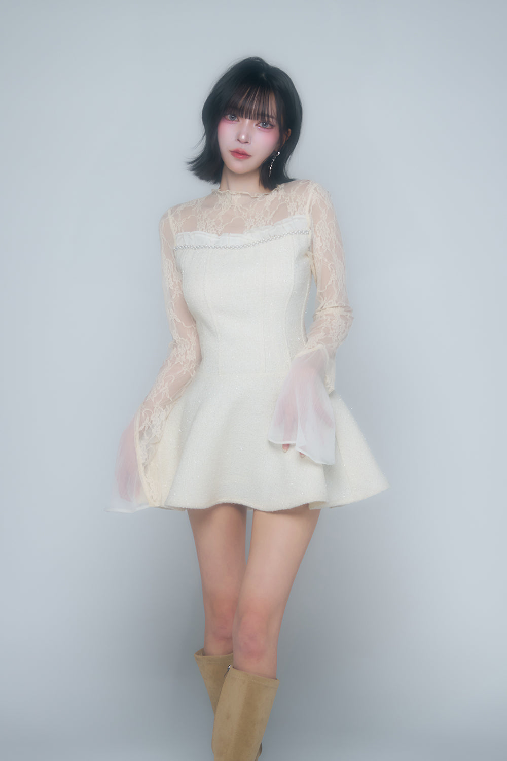 ツイードレースフレアミニワンピース