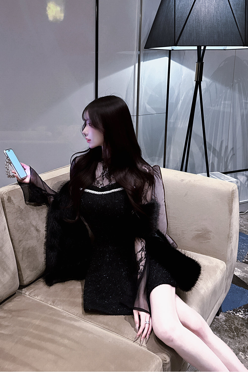 ツイードレースフレアミニワンピース