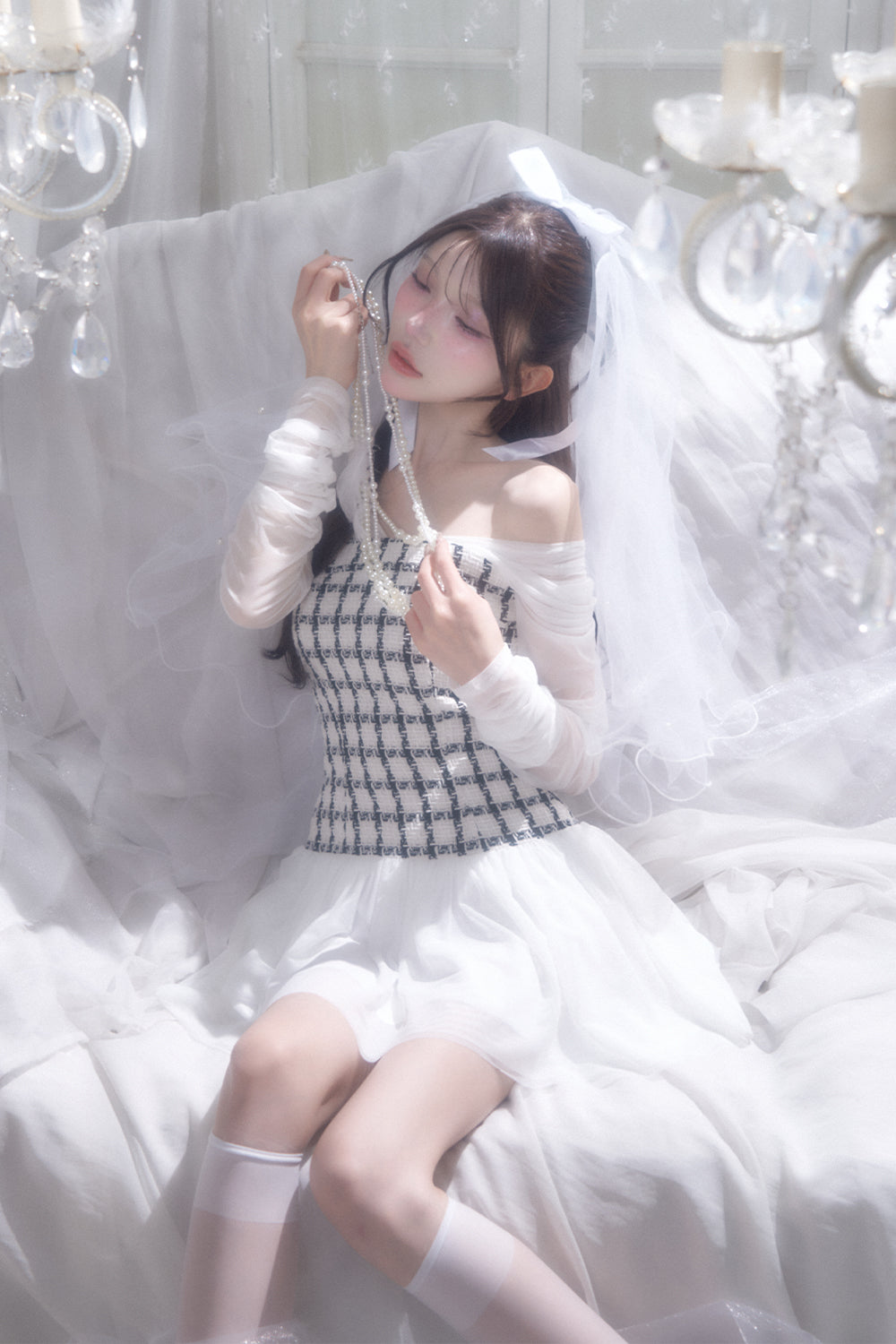 ツイードドッキングチュールミニワンピース