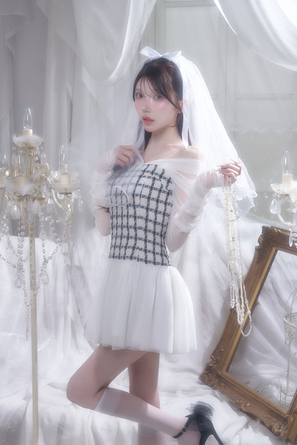 ツイードドッキングチュールミニワンピース