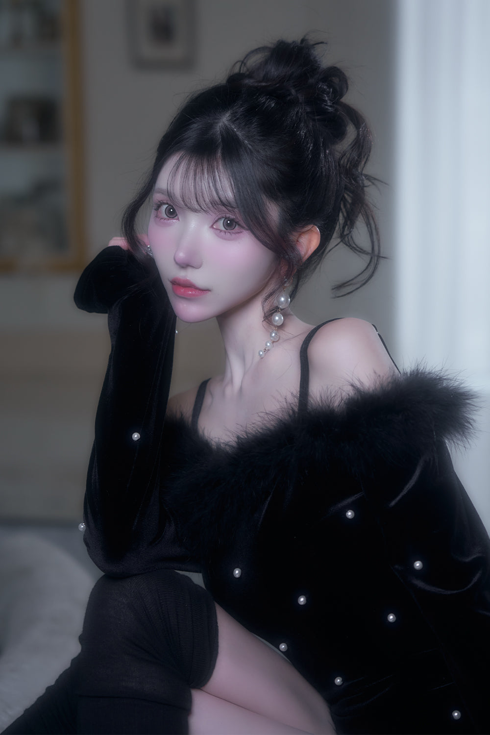 ベリアミミ BELEARMIMI デザインパールベロアコンビネゾンBlack黒M デザインパールベロアコンビネゾン